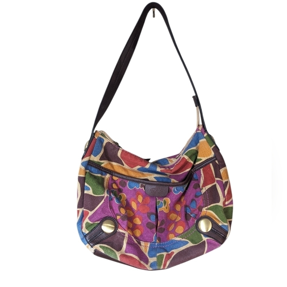 Relic abstract colourful canvas purse in good condition leather bottom and strap
